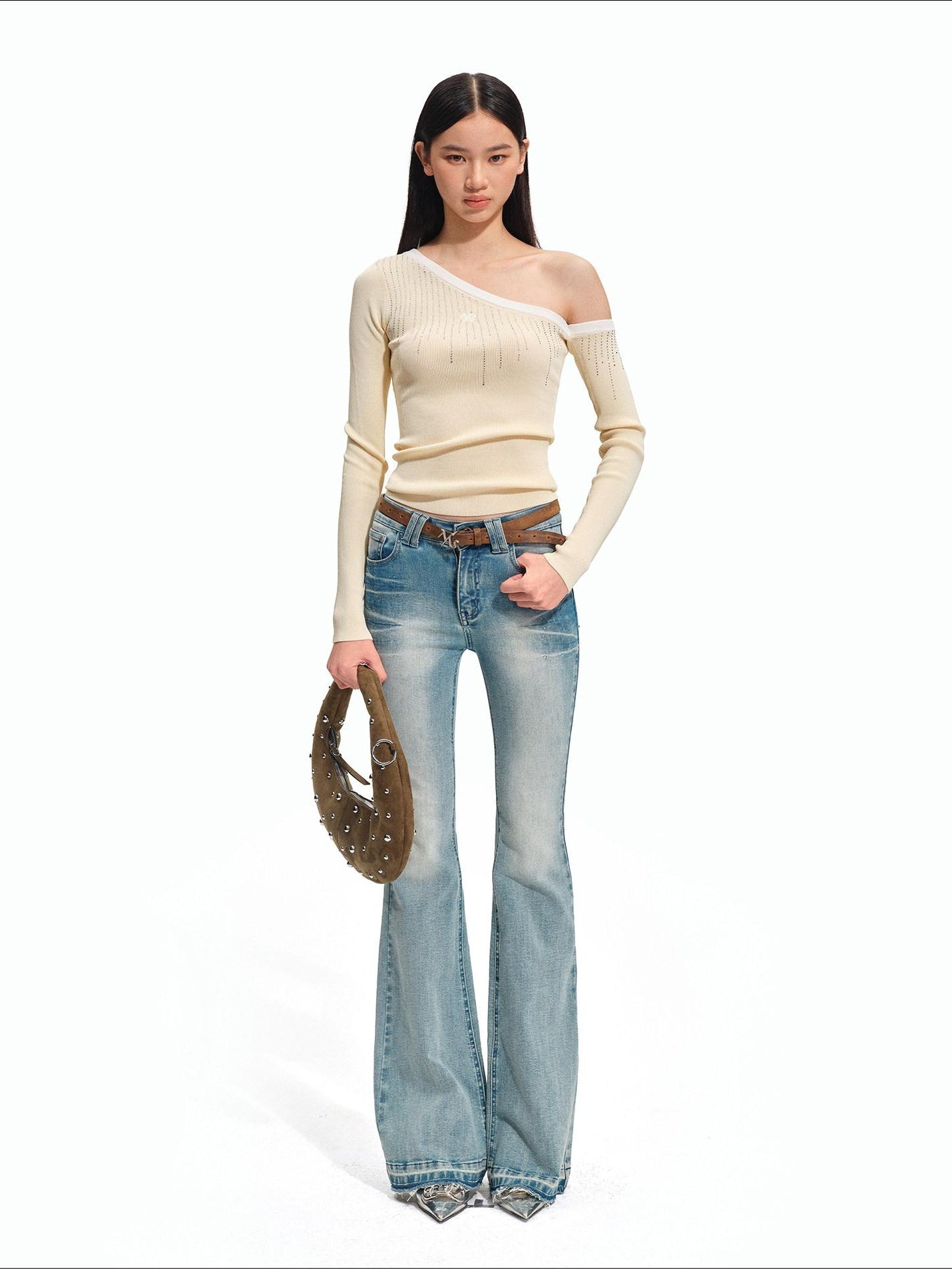 NAWSNOTAWEAR Rhinestone Minimal Slim Boatneck Women Knit Pullover Almond Yellow Sweaters