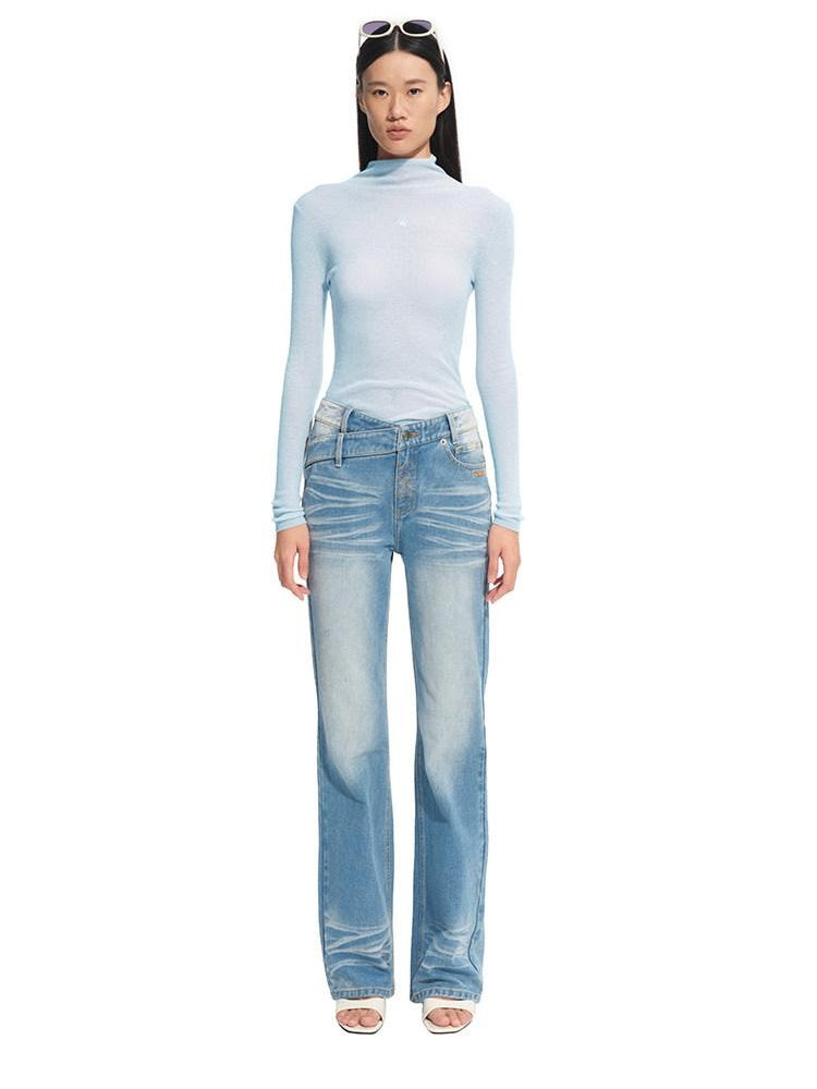 NAWSNOTAWEAR Shape Retain Slim V Waist Ice Blue Cotton Stretch Women Straight Leg Jeans