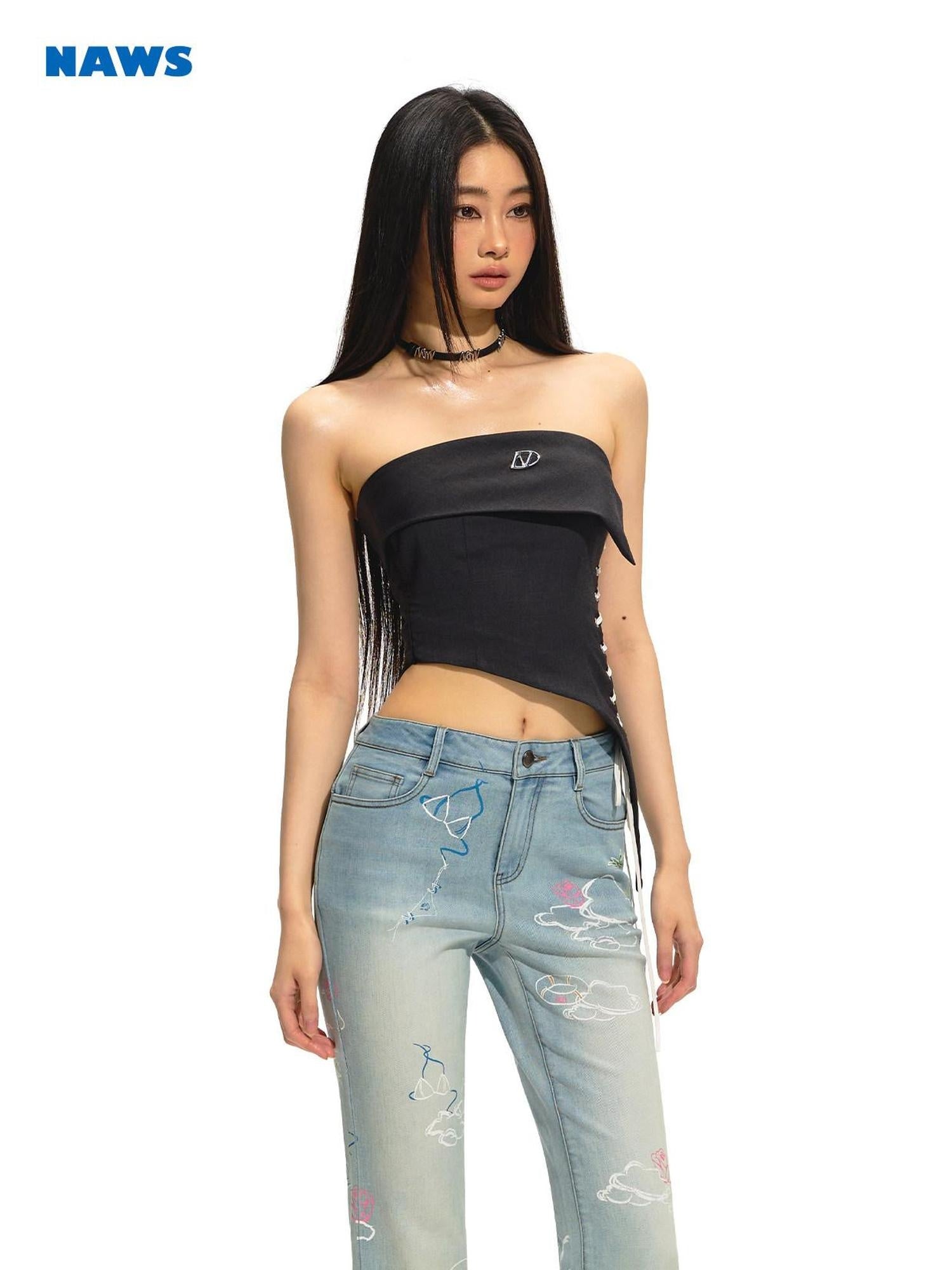 NAWSNOTAWEAR Slim Cropped Polyester Tie Strap Office Chic Solid Midnight Gray Tube Tops