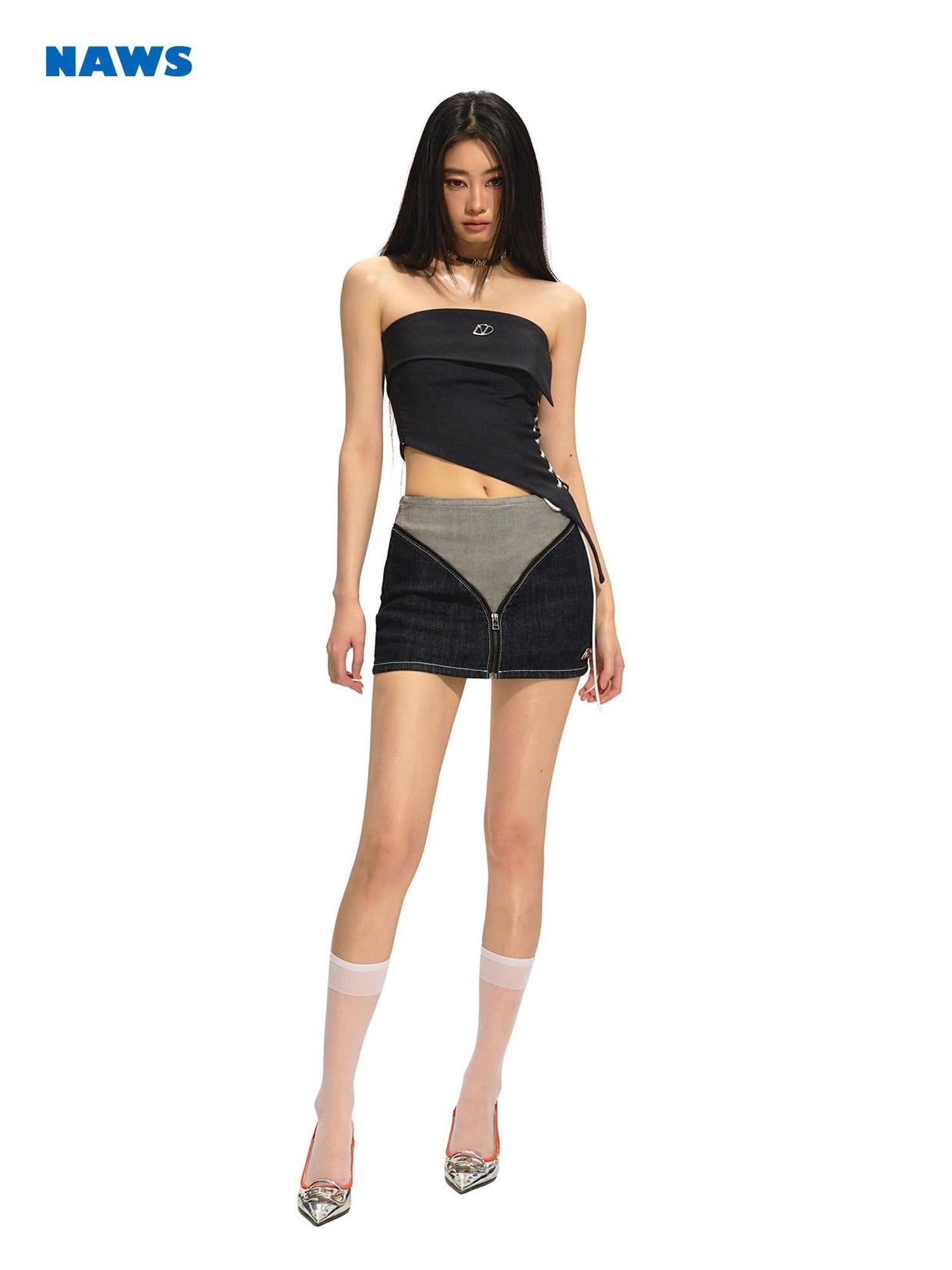 NAWSNOTAWEAR Slim Cropped Polyester Tie Strap Office Chic Solid Midnight Gray Tube Tops