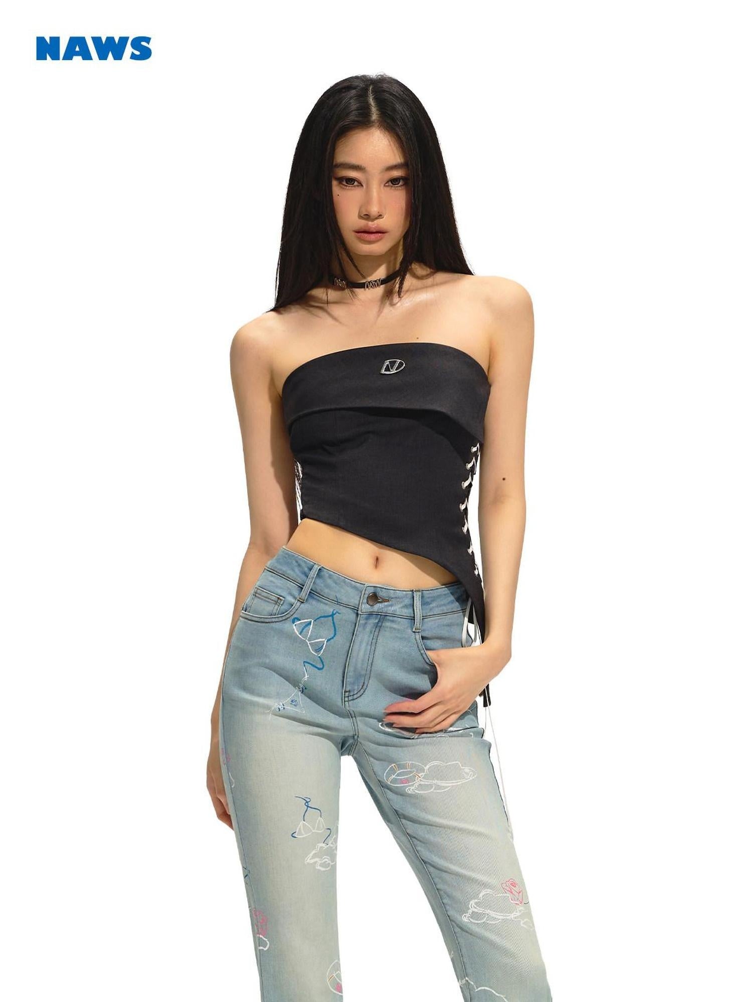 NAWSNOTAWEAR Slim Cropped Polyester Tie Strap Office Chic Solid Midnight Gray Tube Tops
