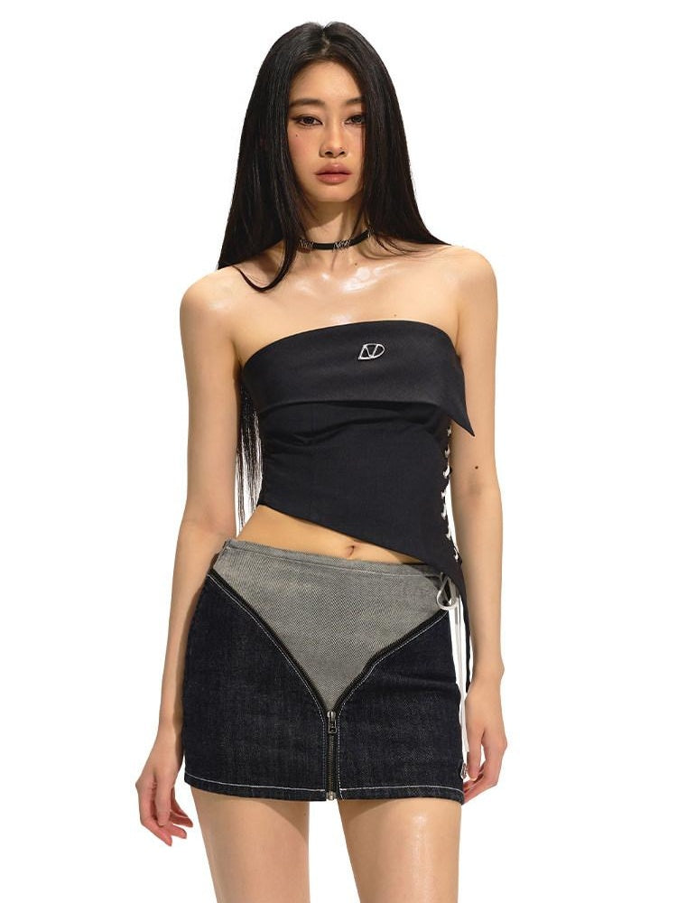 NAWSNOTAWEAR Slim Cropped Polyester Tie Strap Office Chic Solid Midnight Gray Tube Tops