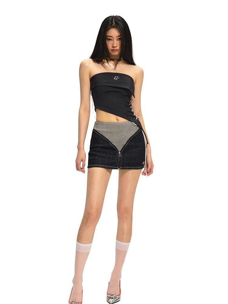 NAWSNOTAWEAR Slim Cropped Polyester Tie Strap Office Chic Solid Midnight Gray Tube Tops