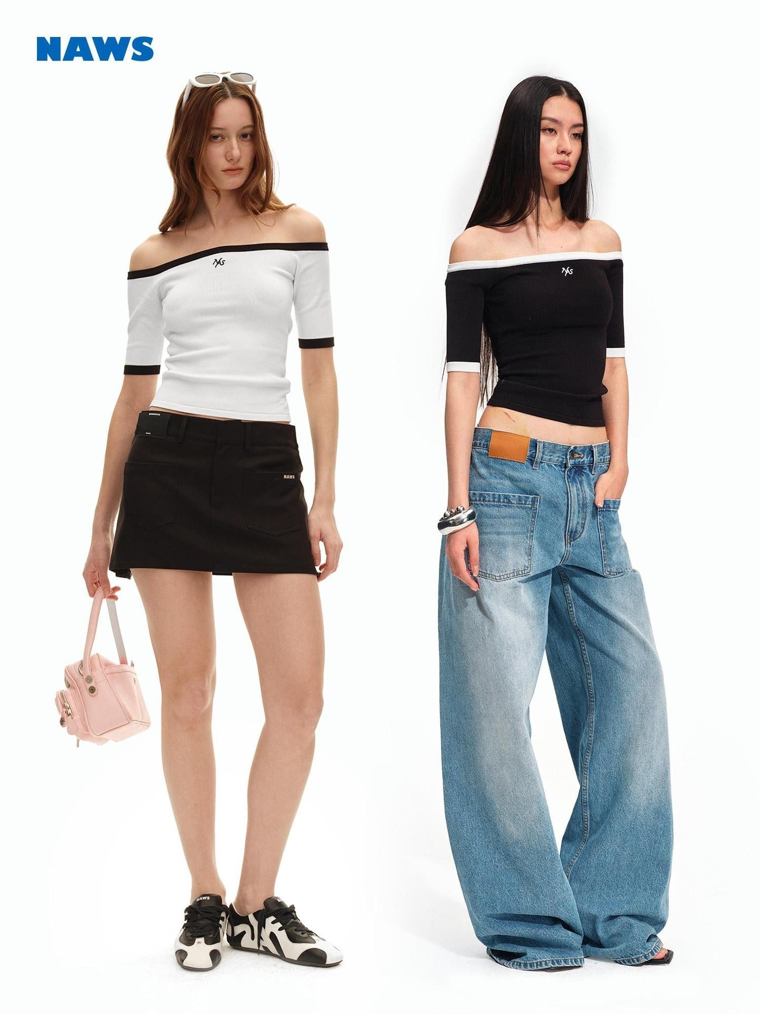 NAWSNOTAWEAR Slim Knit Bardot Elbow Sleeve Casual Nylon Blend Off Shoulder Crop Tops