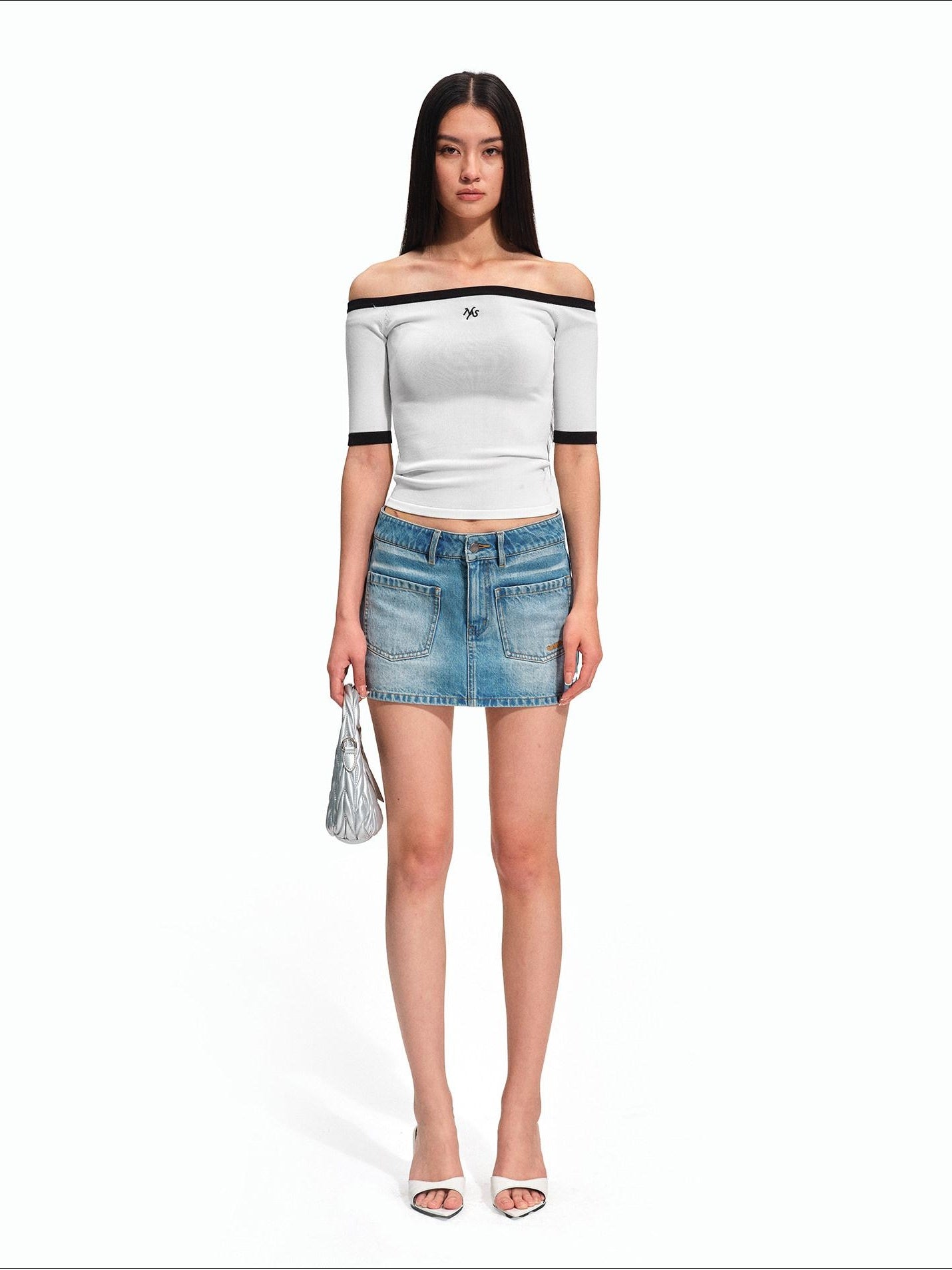 NAWSNOTAWEAR Slim Knit Bardot Elbow Sleeve Casual Nylon Blend Off Shoulder Crop Tops