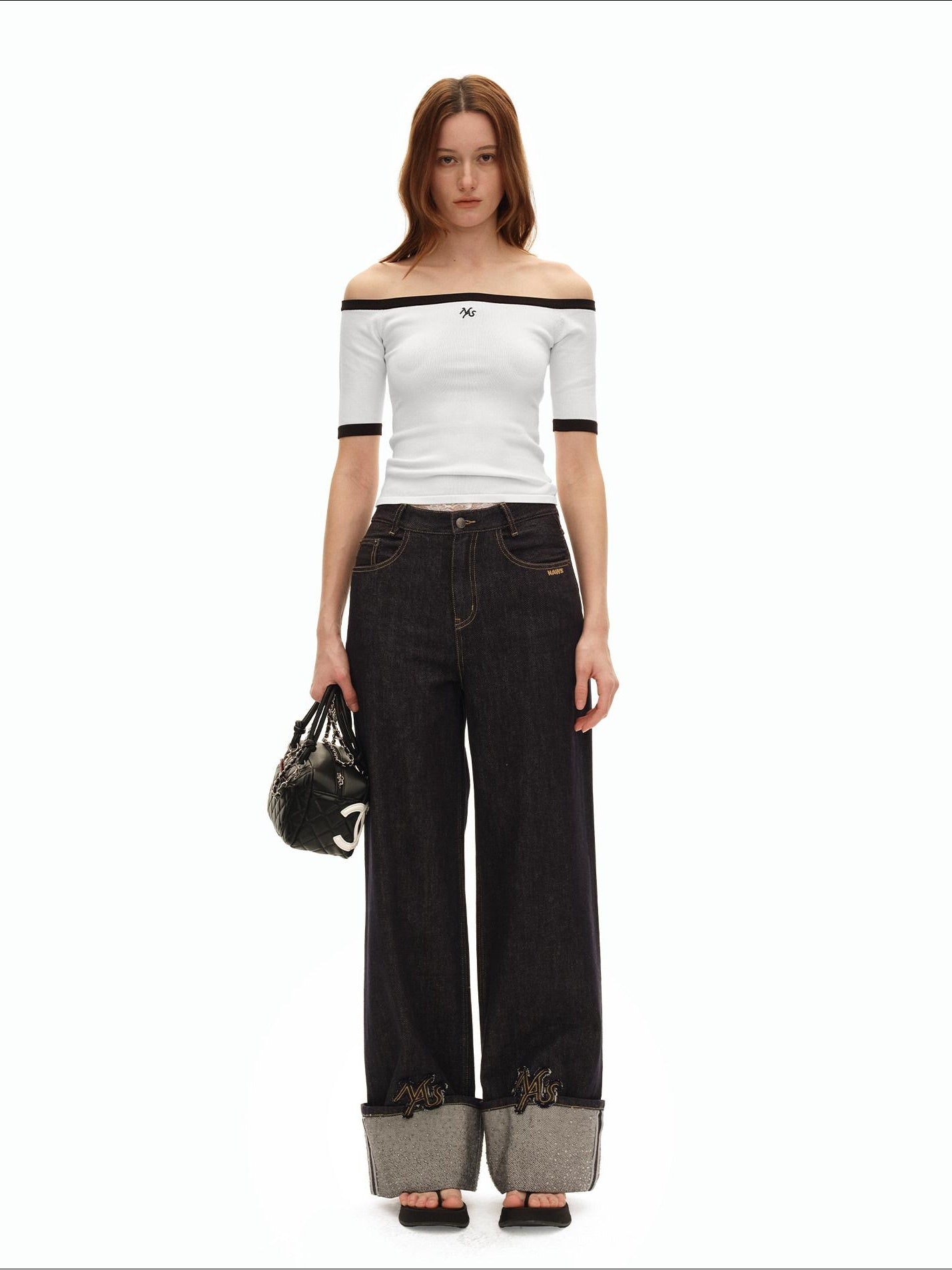 NAWSNOTAWEAR Slim Knit Bardot Elbow Sleeve Casual Nylon Blend Off Shoulder Crop Tops