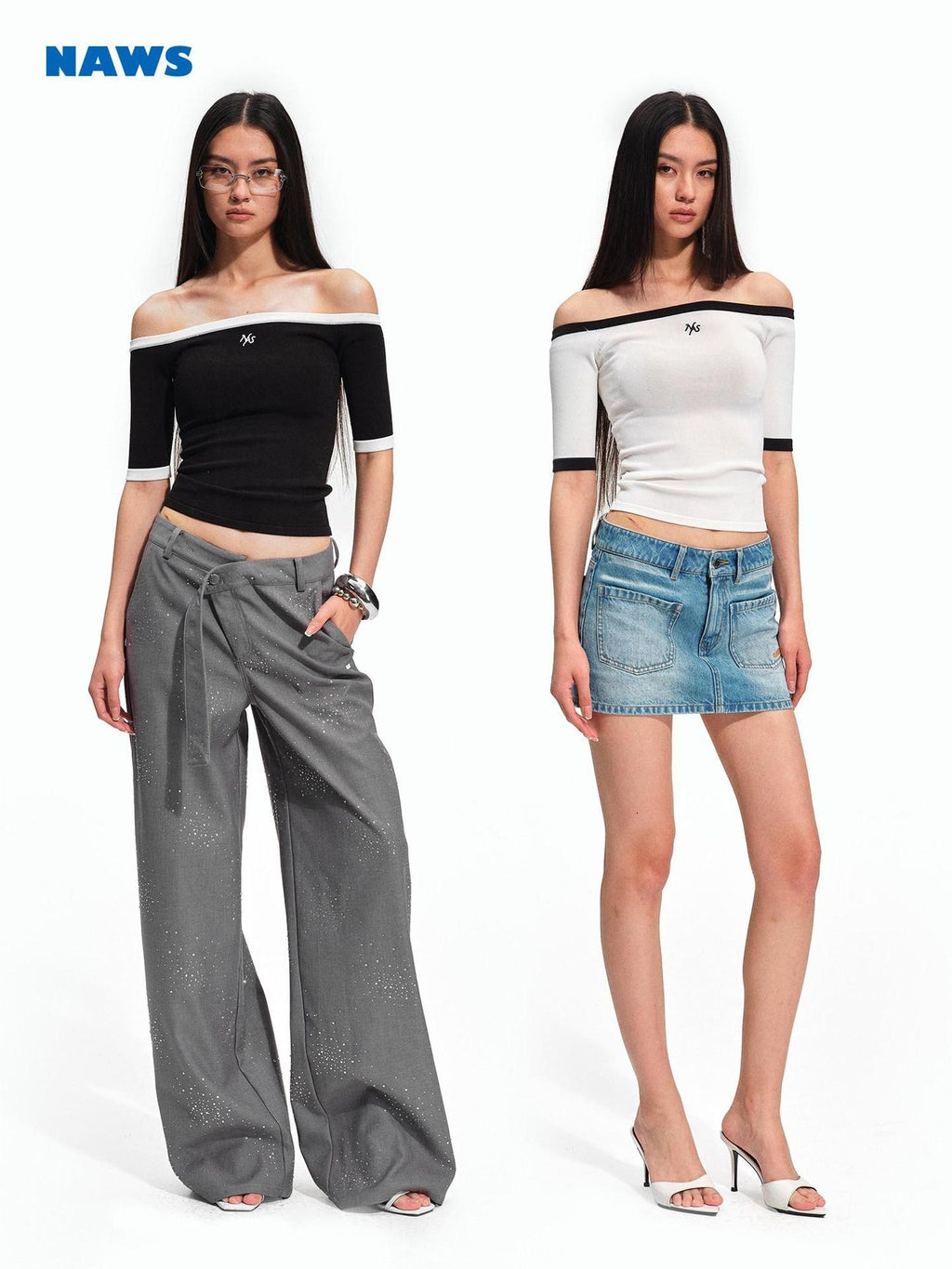 NAWSNOTAWEAR Slim Knit Bardot Elbow Sleeve Casual Nylon Blend Off Shoulder Crop Tops