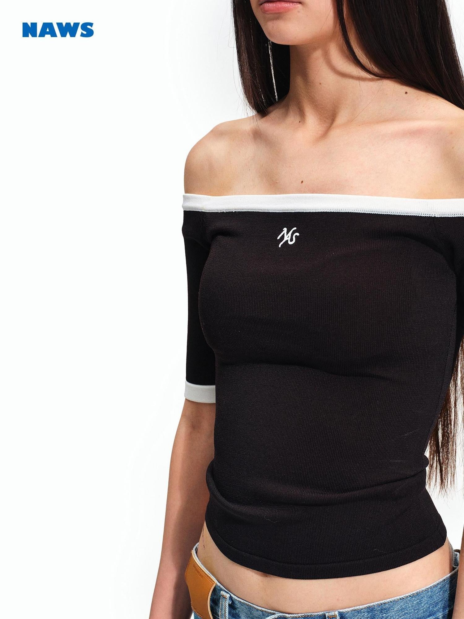 NAWSNOTAWEAR Slim Knit Bardot Elbow Sleeve Casual Nylon Blend Off Shoulder Crop Tops