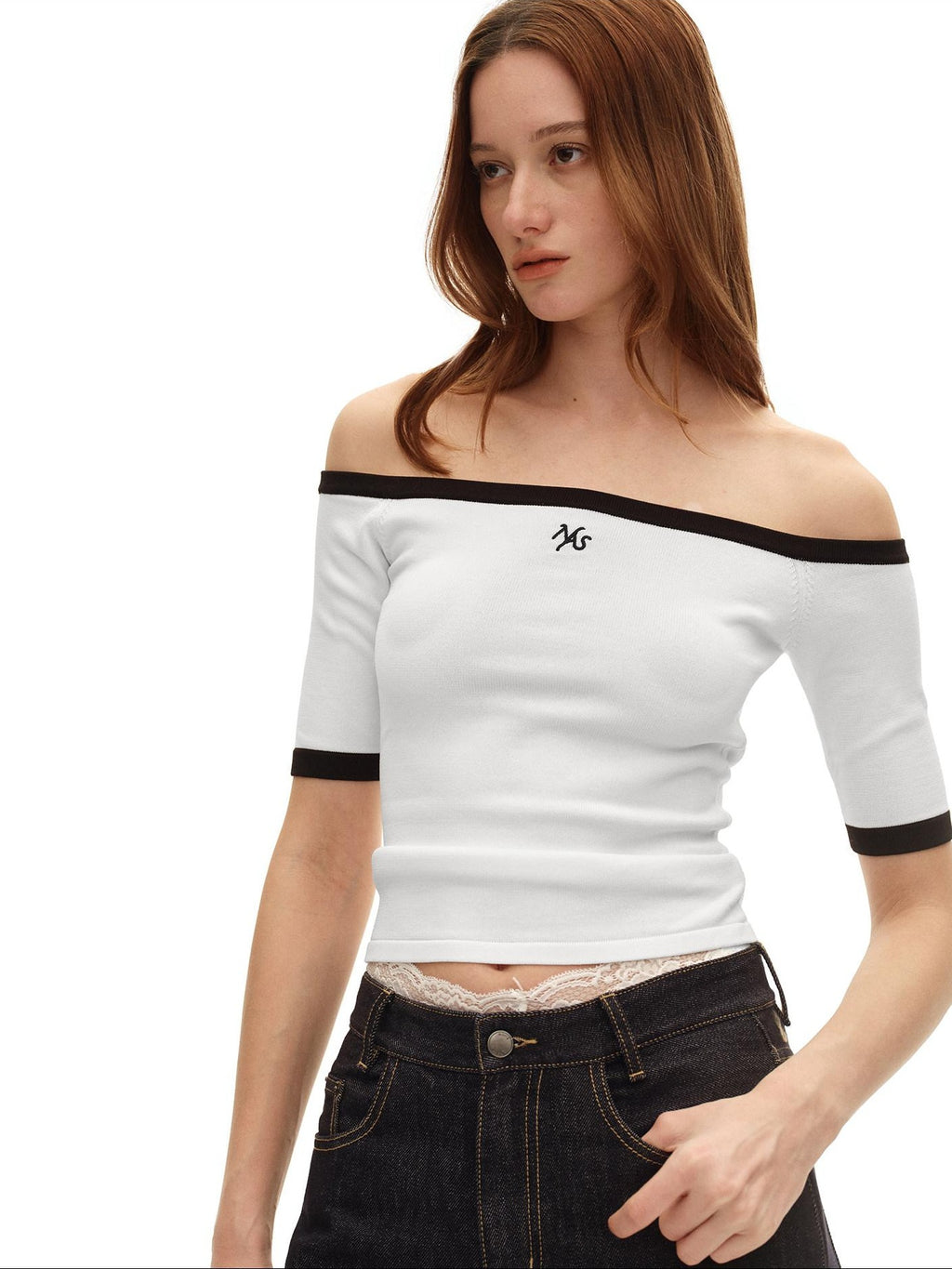 NAWSNOTAWEAR Slim Knit Bardot Elbow Sleeve Casual Nylon Blend Off Shoulder Crop Tops