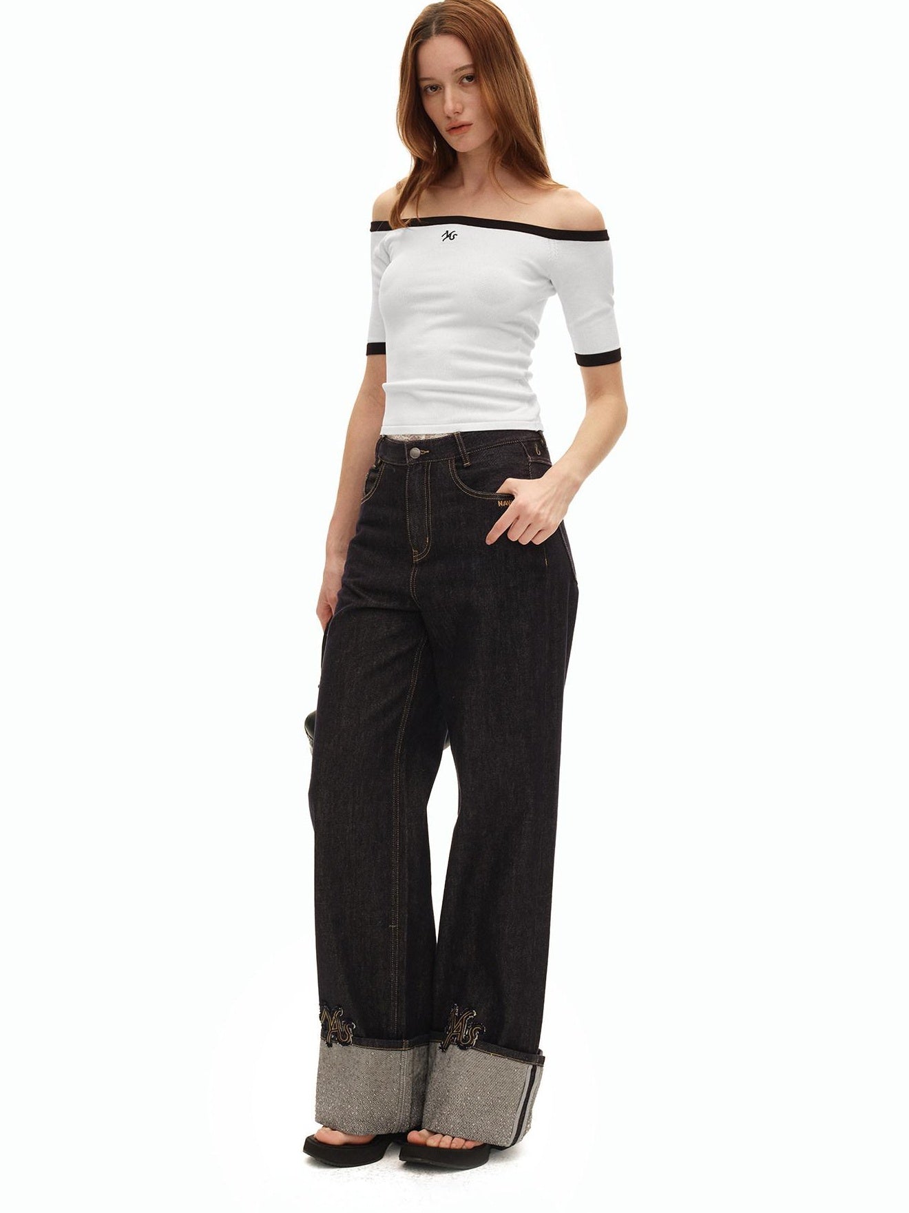 NAWSNOTAWEAR Slim Knit Bardot Elbow Sleeve Casual Nylon Blend Off Shoulder Crop Tops