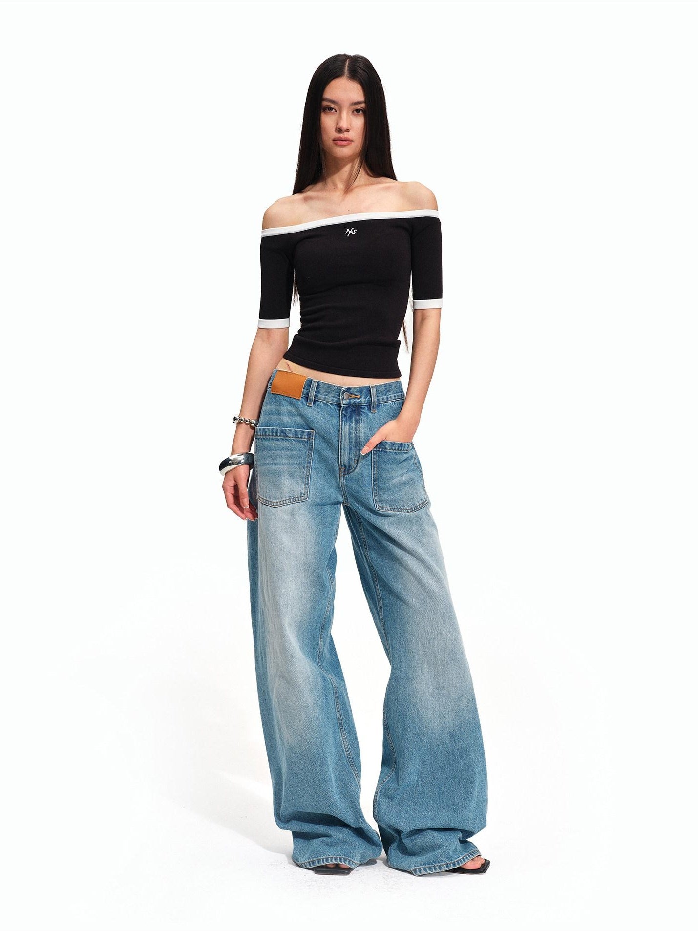 NAWSNOTAWEAR Slim Knit Bardot Elbow Sleeve Casual Nylon Blend Off Shoulder Crop Tops