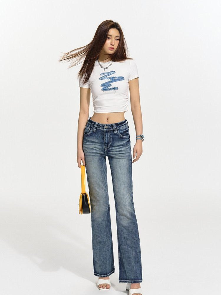 NAWSNOTAWEAR Slim Stretch Cotton Commuter Applique Crew Neck Women Solid Basic Crop Tops
