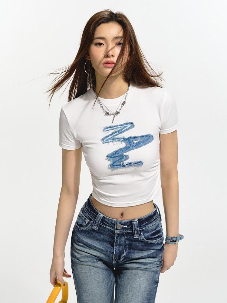 NAWSNOTAWEAR Slim Stretch Cotton Commuter Applique Crew Neck Women Solid Basic Crop Tops