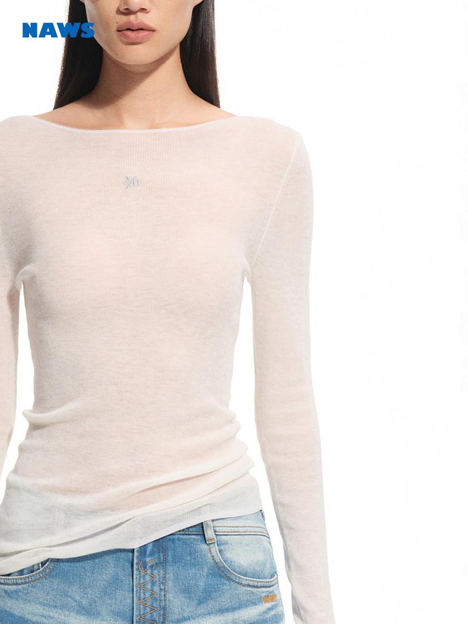 NAWSNOTAWEAR Soft 100% Wool Slim Fit Crew Neck Casual Logo For Women Long Sleeve T-Shirts