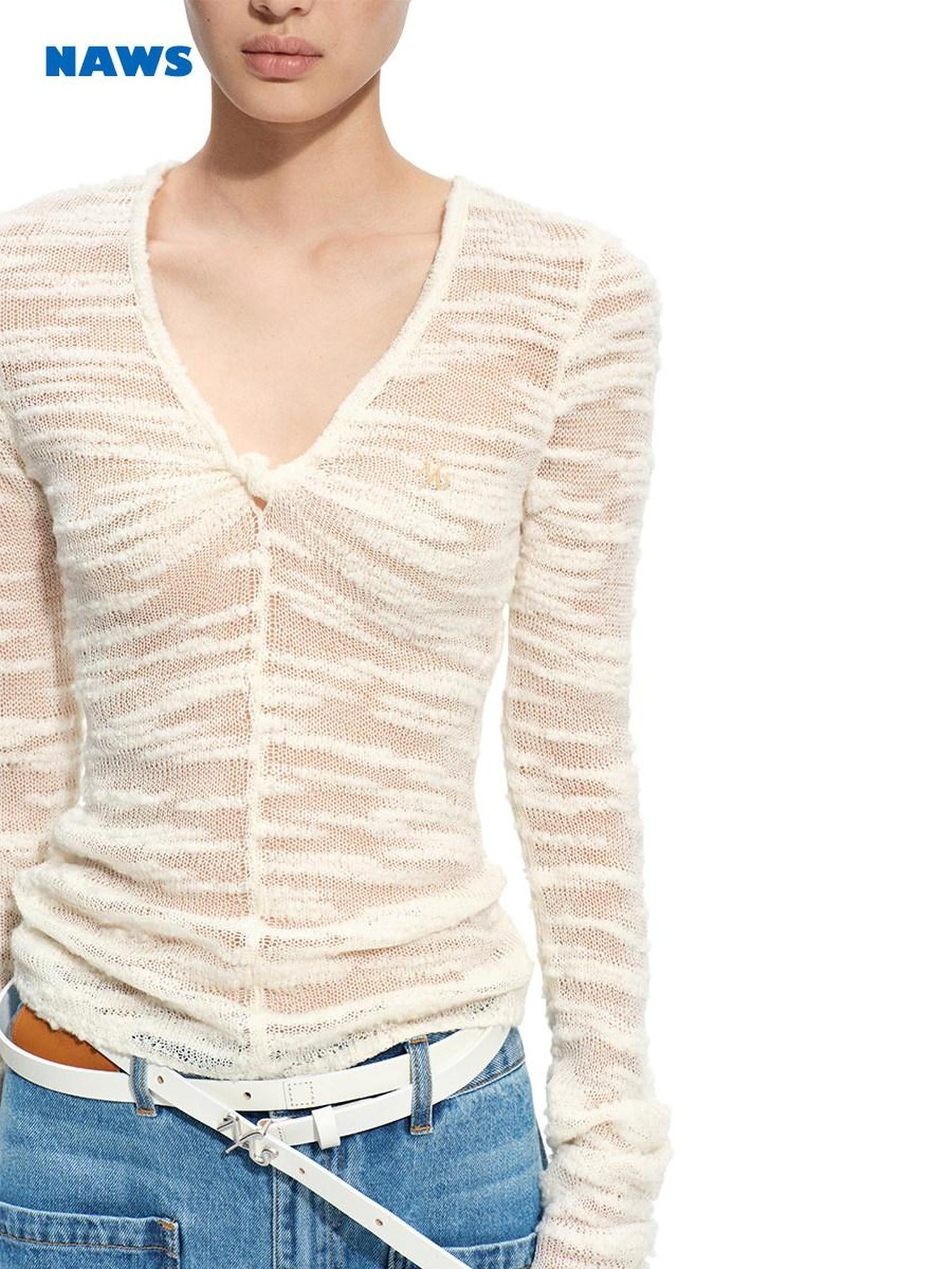 NAWSNOTAWEAR Soft 100% Wool Slim Fit V-neck Cardigan Women Ivory Long Sleeve T-Shirts
