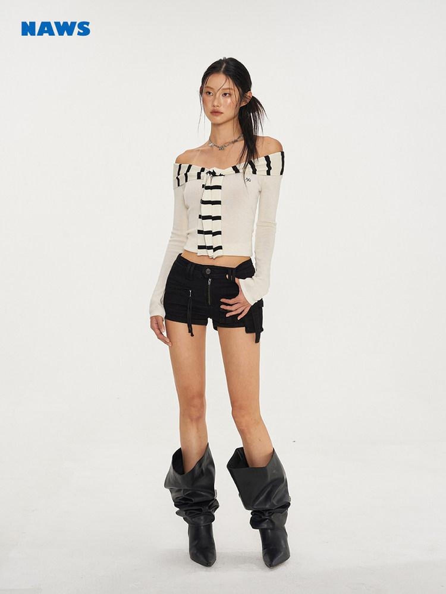 NAWSNOTAWEAR Soft Acrylic Striped Patchwork Slim Fit Boatneck Women Off Shoulder Crop Tops