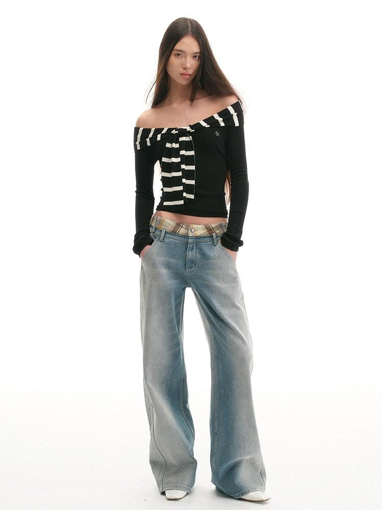 NAWSNOTAWEAR Soft Acrylic Striped Patchwork Slim Fit Boatneck Women Off Shoulder Crop Tops