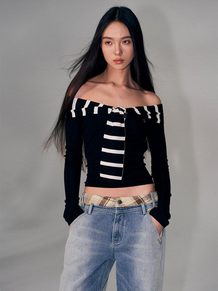 NAWSNOTAWEAR Soft Acrylic Striped Patchwork Slim Fit Boatneck Women Off Shoulder Crop Tops