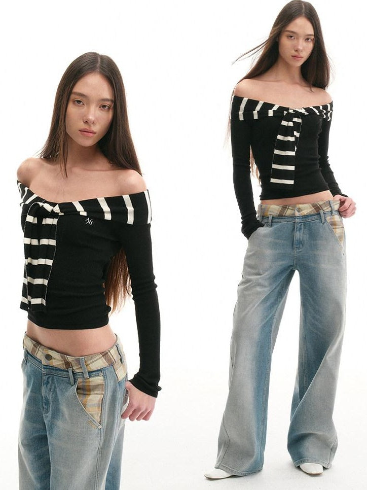 NAWSNOTAWEAR Soft Acrylic Striped Patchwork Slim Fit Boatneck Women Off Shoulder Crop Tops