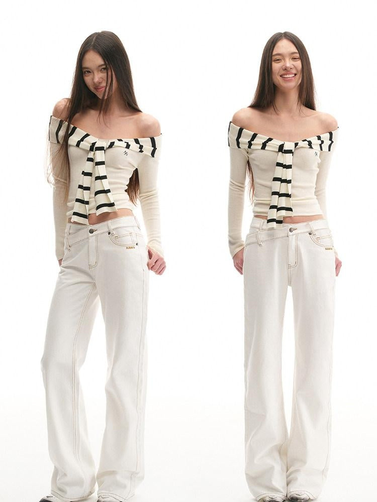 NAWSNOTAWEAR Soft Acrylic Striped Patchwork Slim Fit Boatneck Women Off Shoulder Crop Tops
