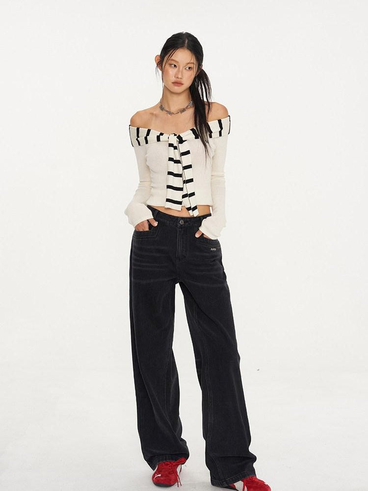 NAWSNOTAWEAR Soft Acrylic Striped Patchwork Slim Fit Boatneck Women Off Shoulder Crop Tops