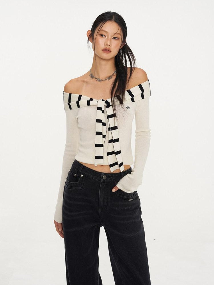 NAWSNOTAWEAR Soft Acrylic Striped Patchwork Slim Fit Boatneck Women Off Shoulder Crop Tops