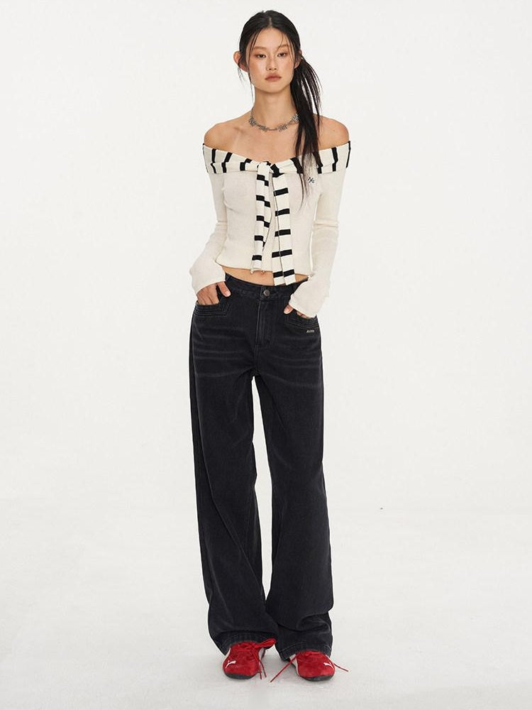 NAWSNOTAWEAR Soft Acrylic Striped Patchwork Slim Fit Boatneck Women Off Shoulder Crop Tops
