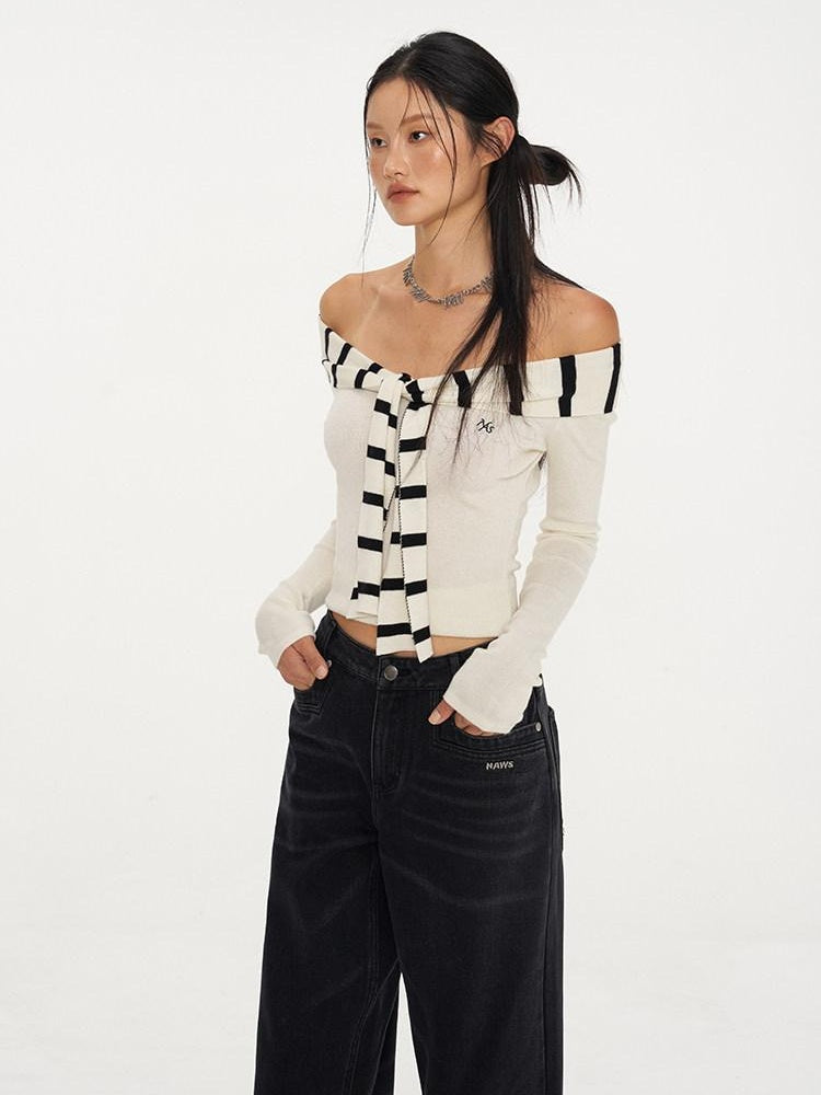 NAWSNOTAWEAR Soft Acrylic Striped Patchwork Slim Fit Boatneck Women Off Shoulder Crop Tops