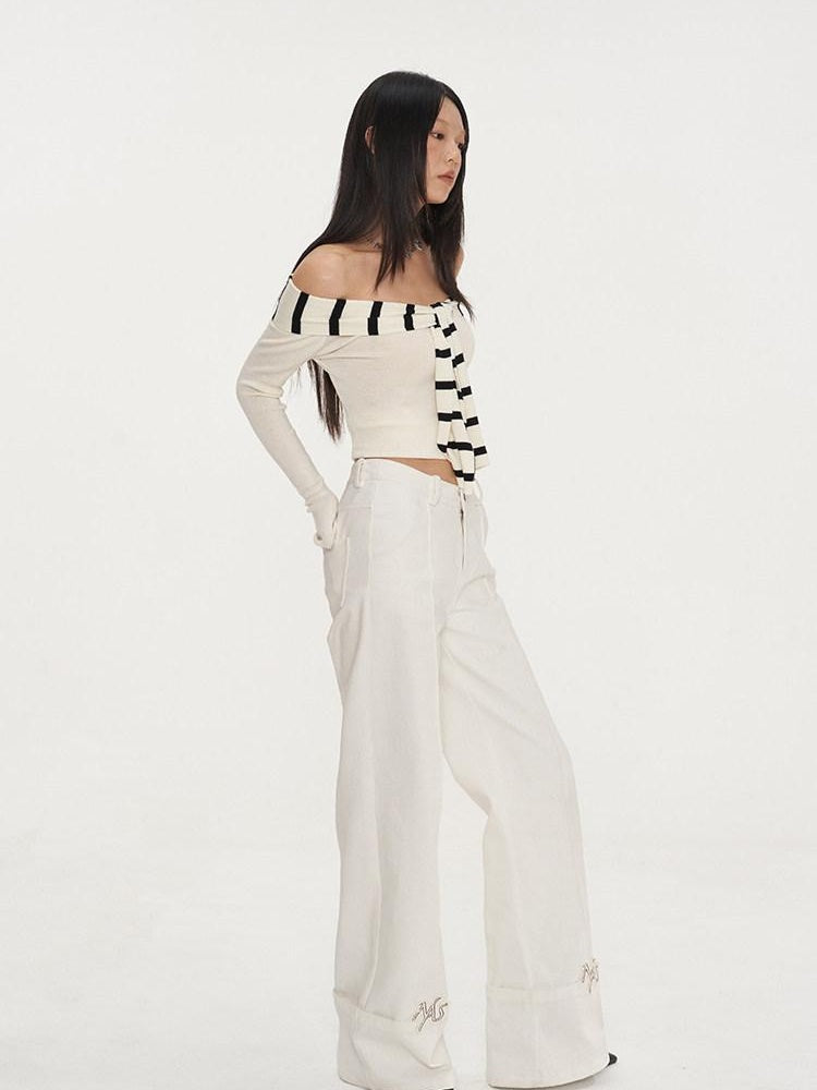 NAWSNOTAWEAR Soft Acrylic Striped Patchwork Slim Fit Boatneck Women Off Shoulder Crop Tops