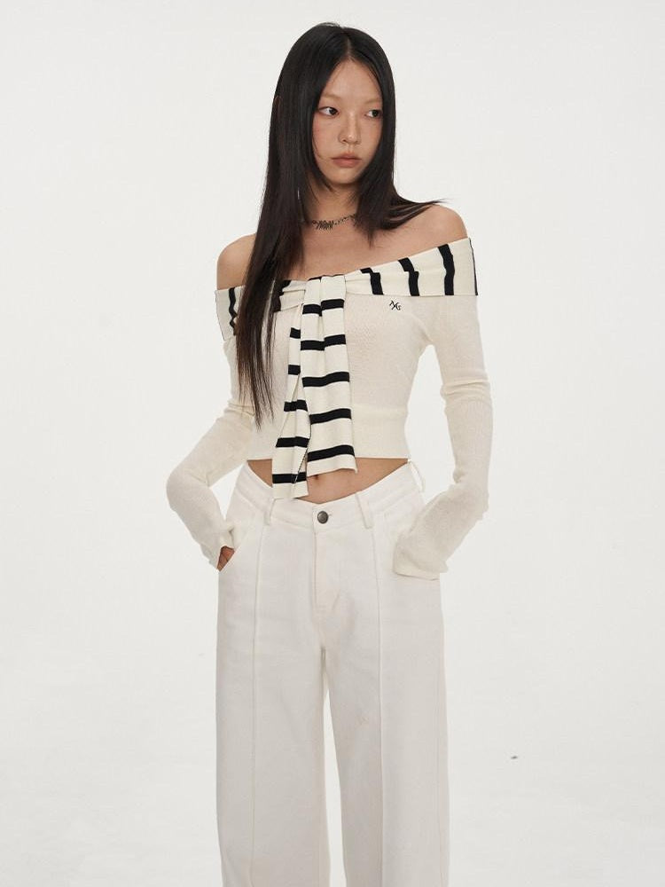 NAWSNOTAWEAR Soft Acrylic Striped Patchwork Slim Fit Boatneck Women Off Shoulder Crop Tops