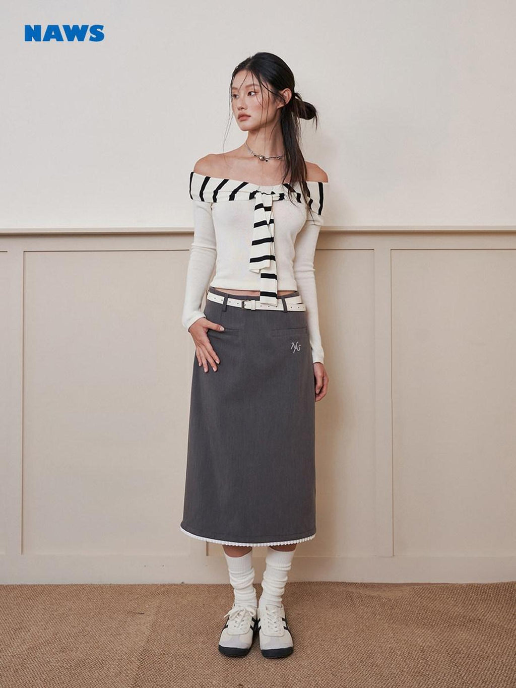 NAWSNOTAWEAR Soft Acrylic Striped Patchwork Slim Fit Boatneck Women Off Shoulder Crop Tops
