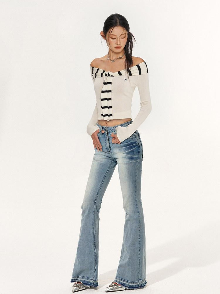 NAWSNOTAWEAR Soft Acrylic Striped Patchwork Slim Fit Boatneck Women Off Shoulder Crop Tops