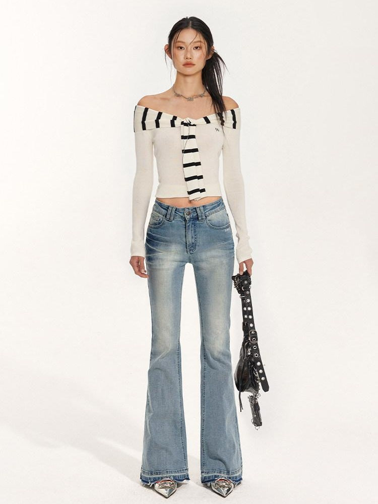 NAWSNOTAWEAR Soft Acrylic Striped Patchwork Slim Fit Boatneck Women Off Shoulder Crop Tops