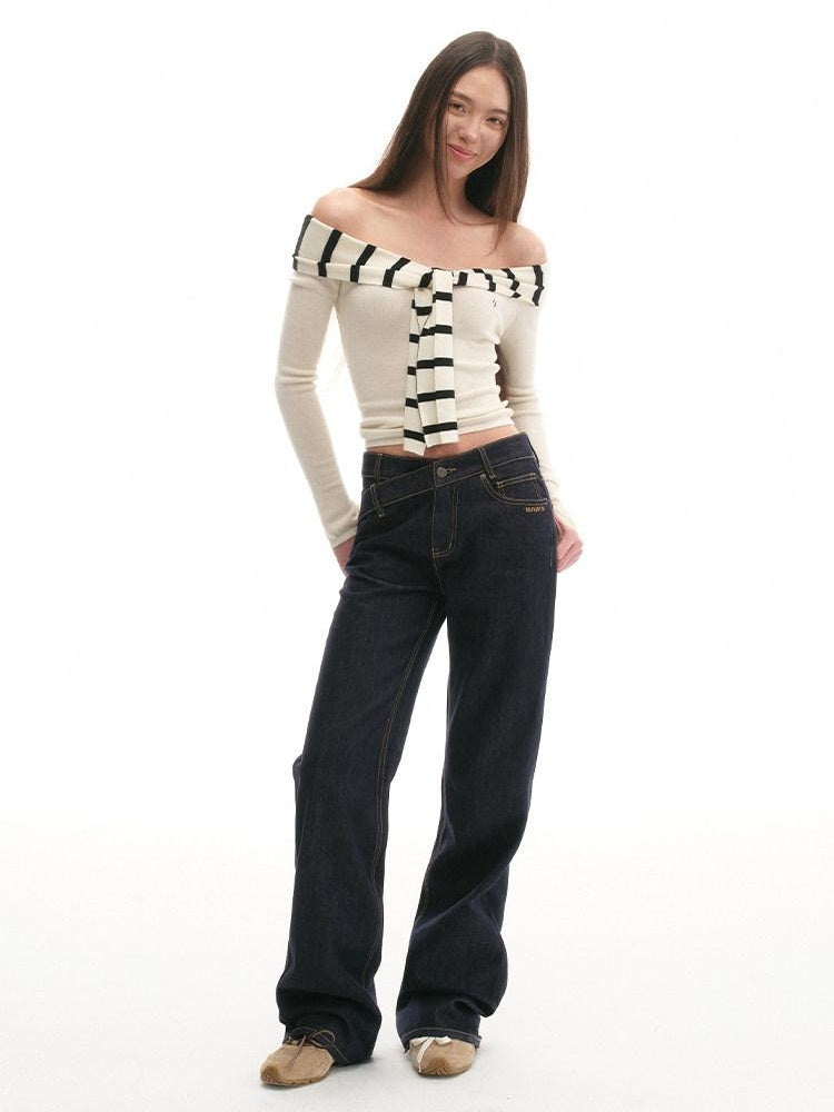 NAWSNOTAWEAR Soft Acrylic Striped Patchwork Slim Fit Boatneck Women Off Shoulder Crop Tops