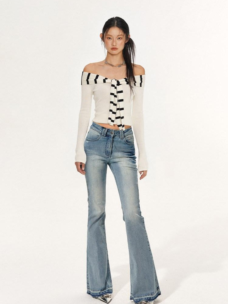 NAWSNOTAWEAR Soft Acrylic Striped Patchwork Slim Fit Boatneck Women Off Shoulder Crop Tops