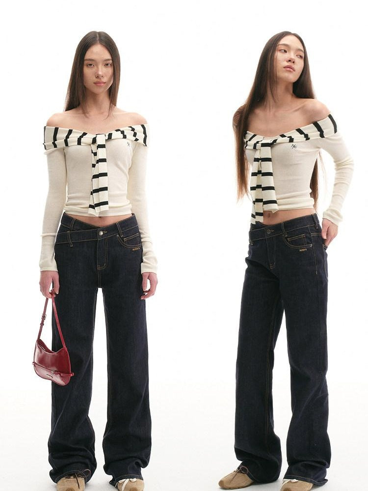 NAWSNOTAWEAR Soft Acrylic Striped Patchwork Slim Fit Boatneck Women Off Shoulder Crop Tops