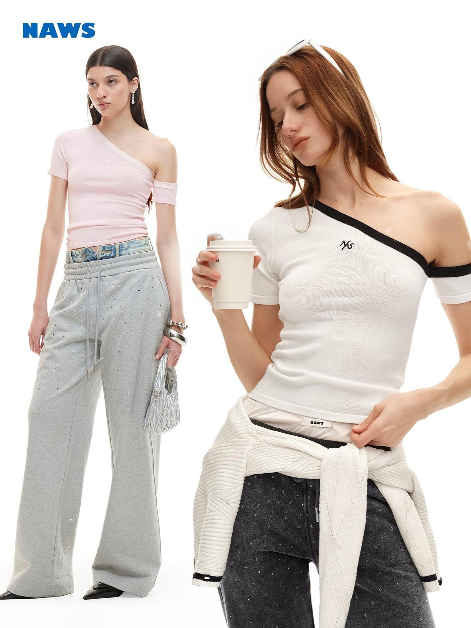 NAWSNOTAWEAR Soft Breathable Minimal Slim Contrast Slant Neck Logo Off Shoulder Crop Tops