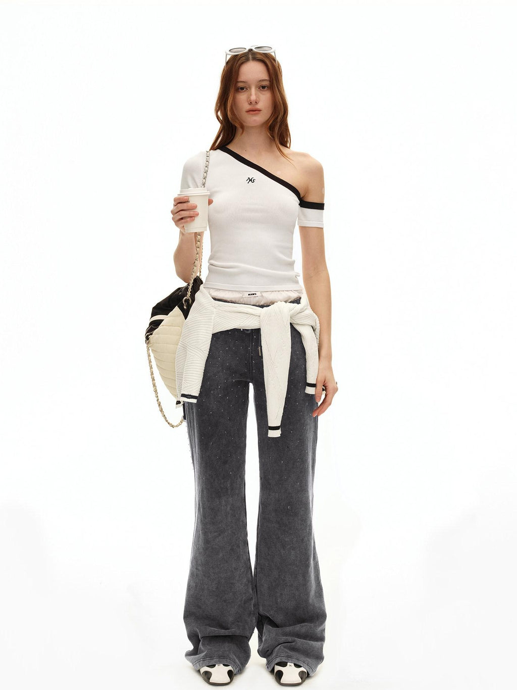 NAWSNOTAWEAR Soft Breathable Minimal Slim Contrast Slant Neck Logo Off Shoulder Crop Tops