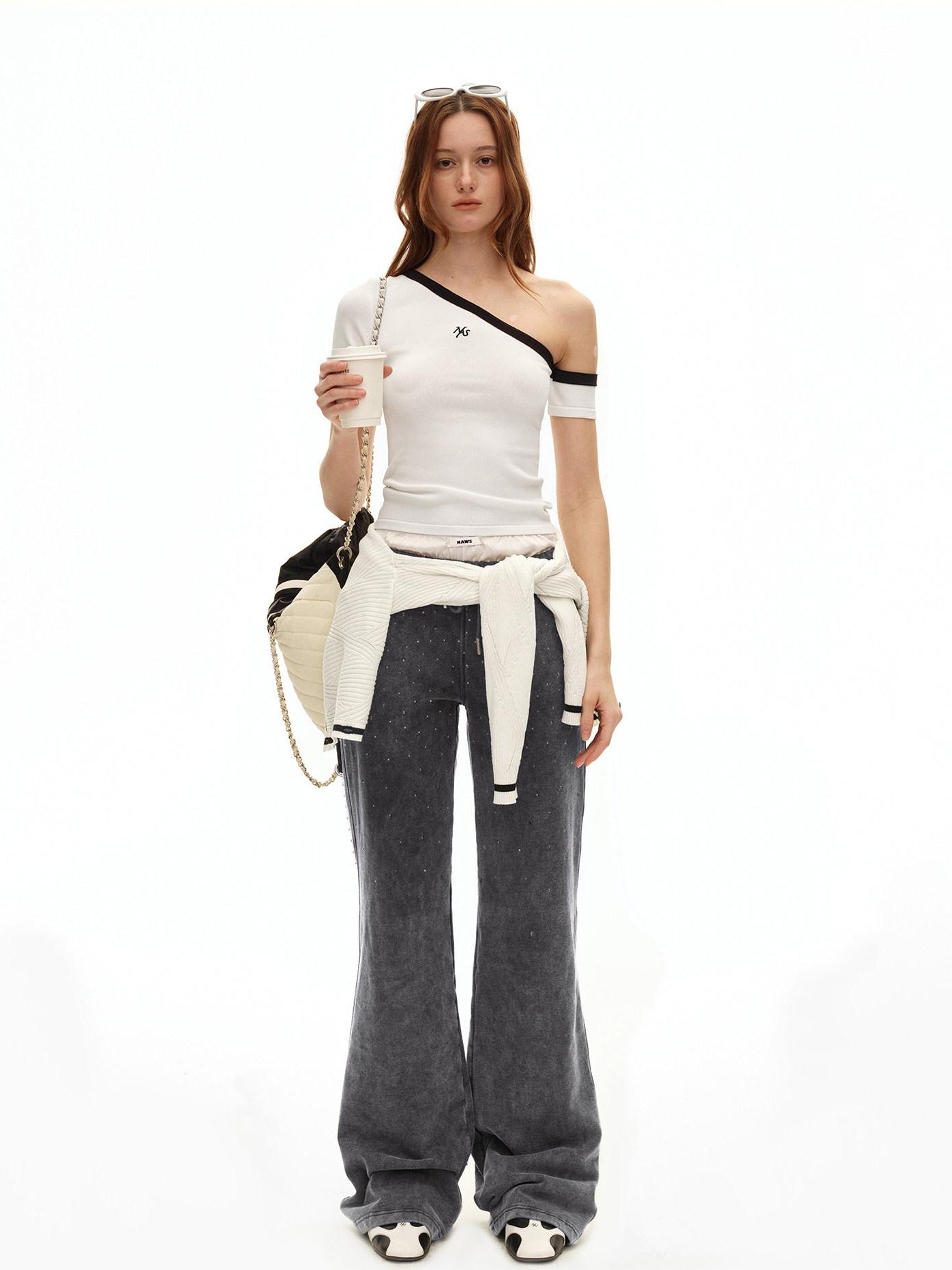 NAWSNOTAWEAR Soft Breathable Minimal Slim Contrast Slant Neck Logo Off Shoulder Crop Tops