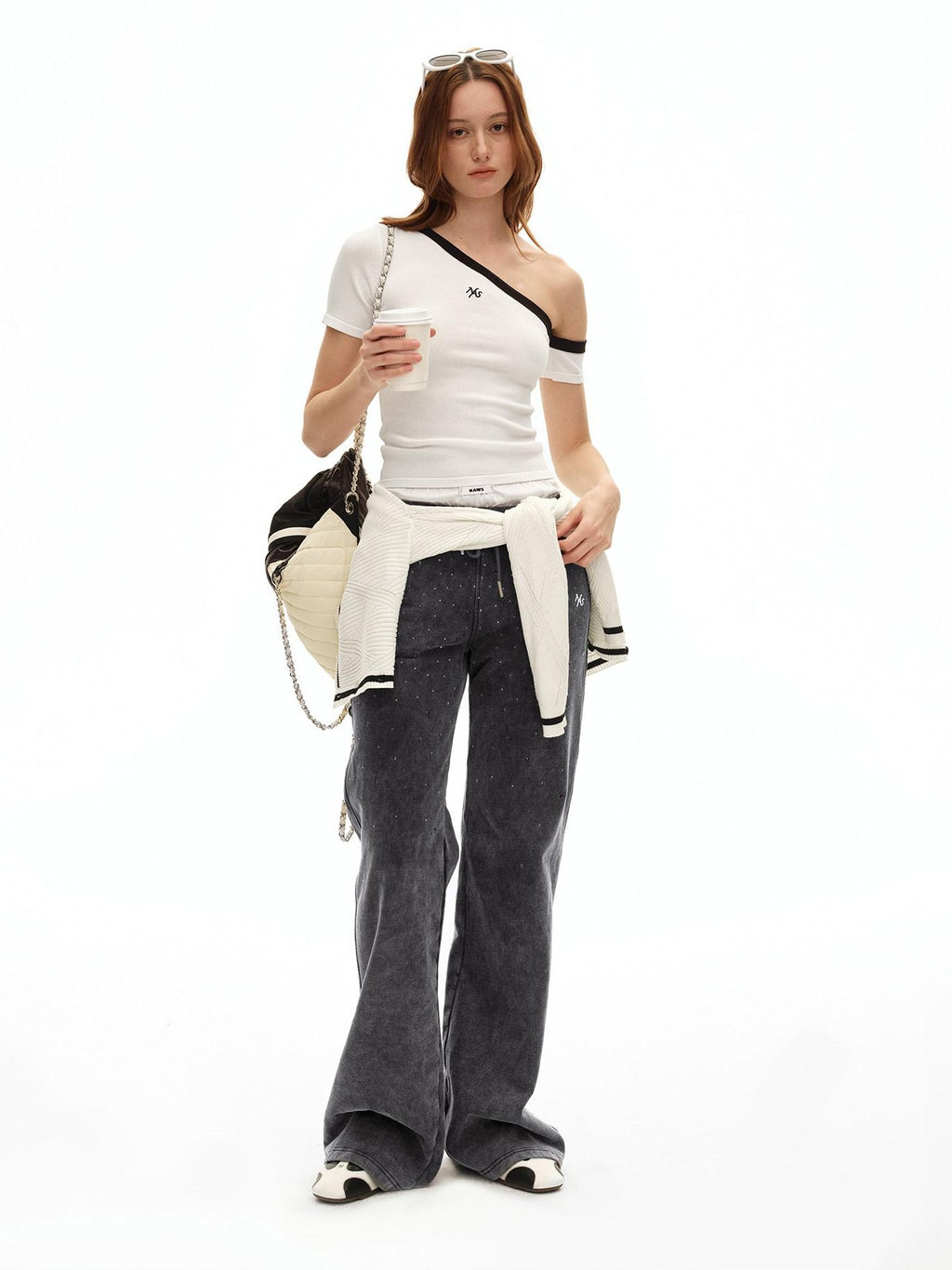 NAWSNOTAWEAR Soft Breathable Minimal Slim Contrast Slant Neck Logo Off Shoulder Crop Tops
