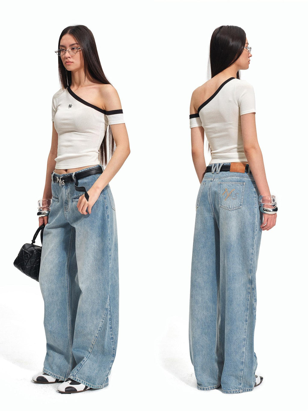 NAWSNOTAWEAR Soft Breathable Minimal Slim Contrast Slant Neck Logo Off Shoulder Crop Tops