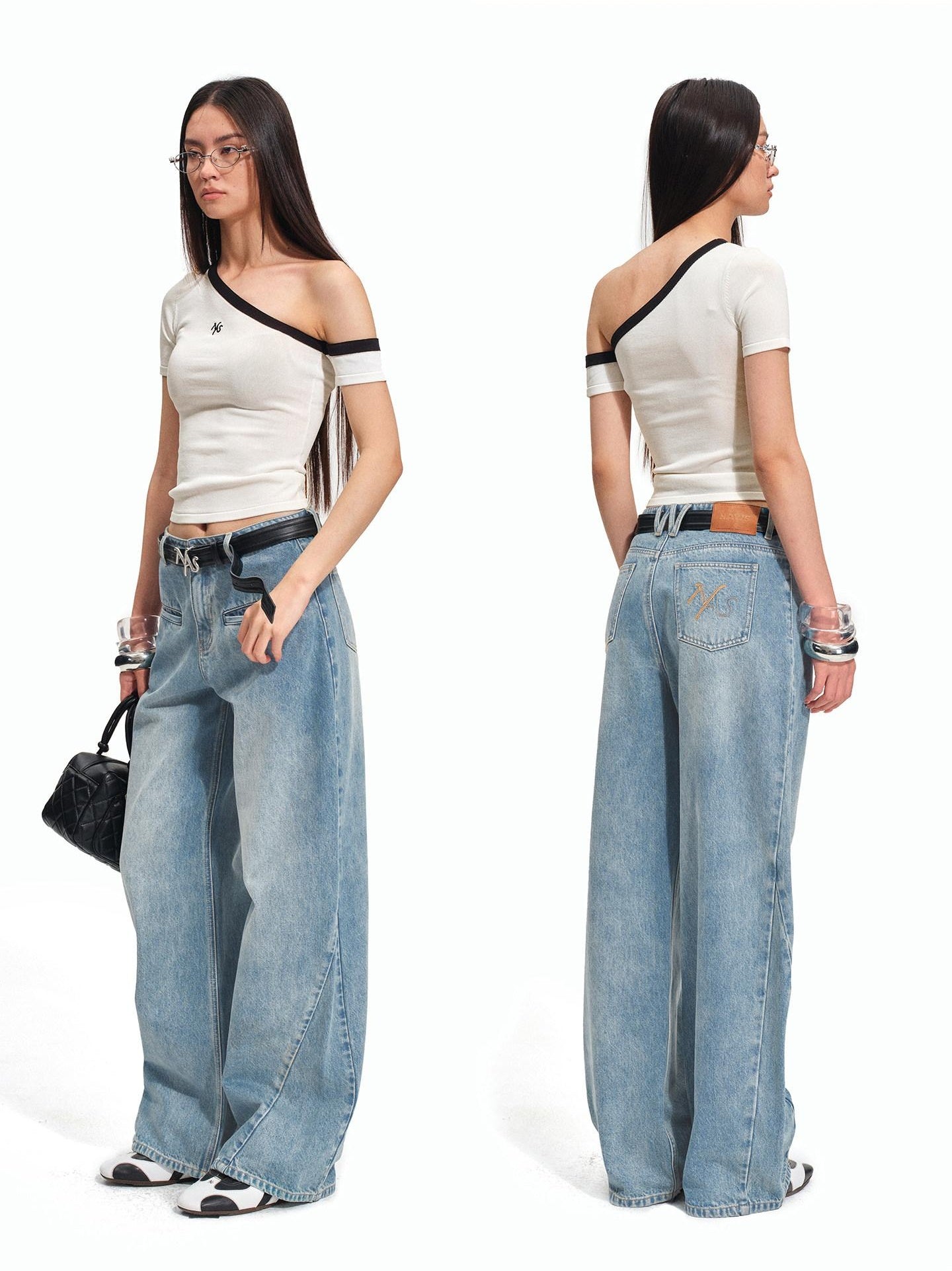 NAWSNOTAWEAR Soft Breathable Minimal Slim Contrast Slant Neck Logo Off Shoulder Crop Tops