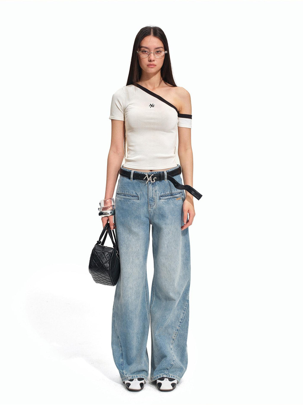 NAWSNOTAWEAR Soft Breathable Minimal Slim Contrast Slant Neck Logo Off Shoulder Crop Tops