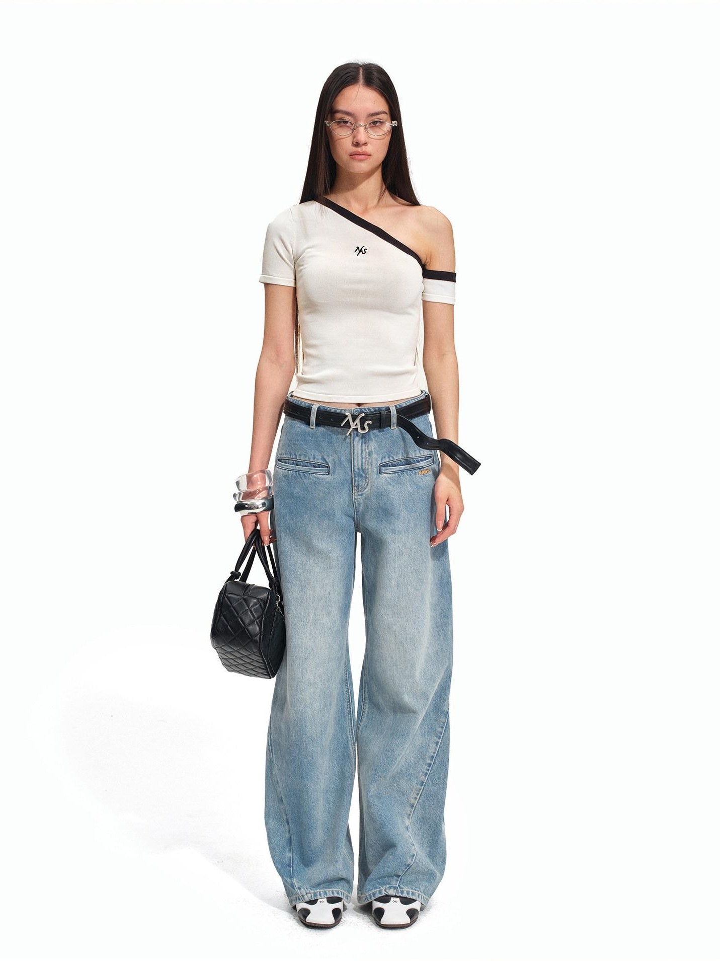 NAWSNOTAWEAR Soft Breathable Minimal Slim Contrast Slant Neck Logo Off Shoulder Crop Tops
