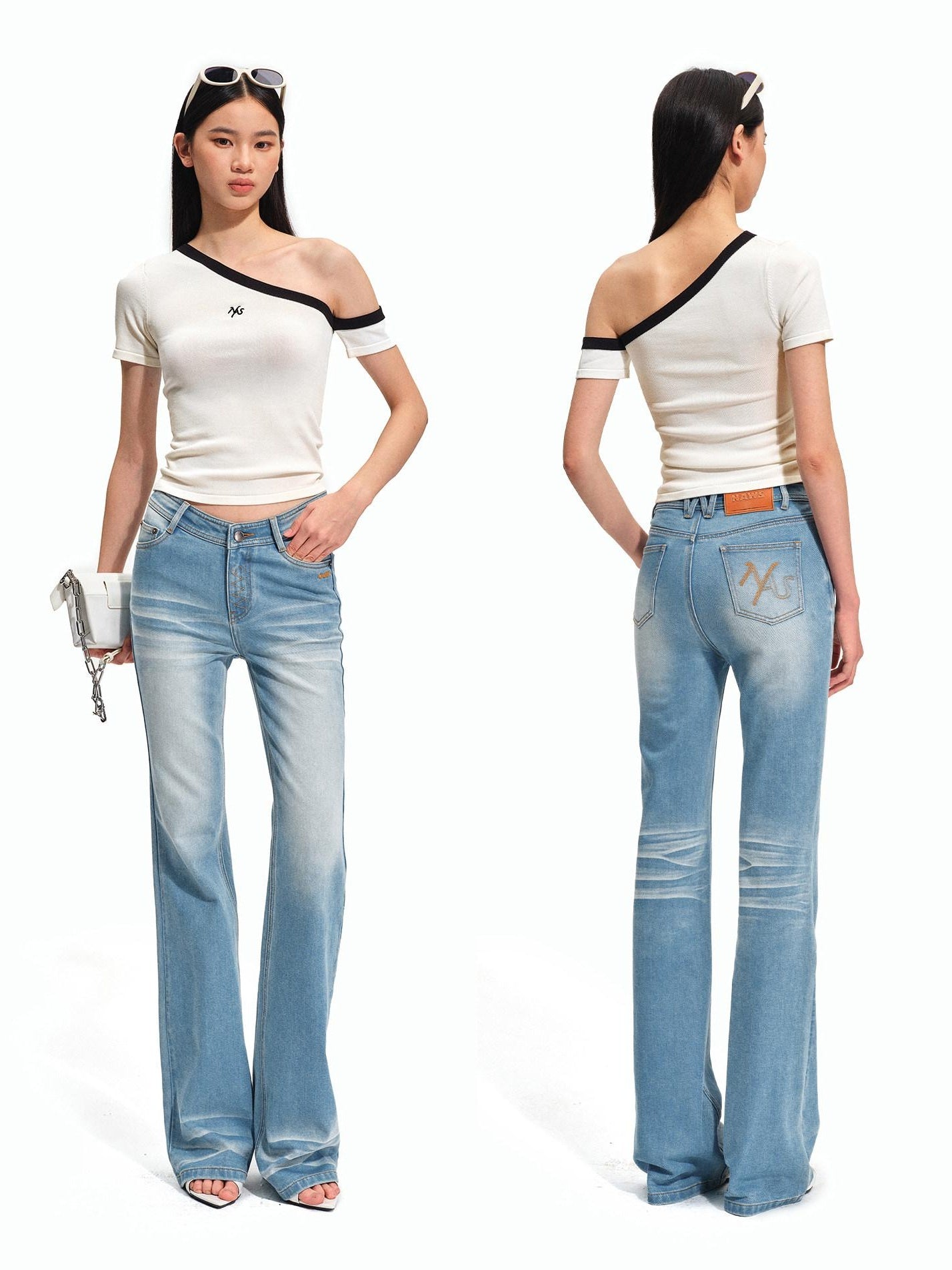 NAWSNOTAWEAR Soft Breathable Minimal Slim Contrast Slant Neck Logo Off Shoulder Crop Tops