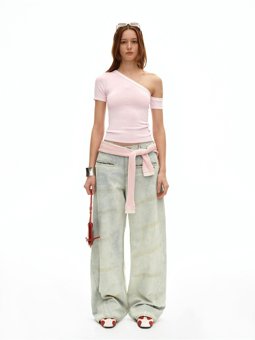 NAWSNOTAWEAR Soft Breathable Minimal Slim Contrast Slant Neck Logo Off Shoulder Crop Tops