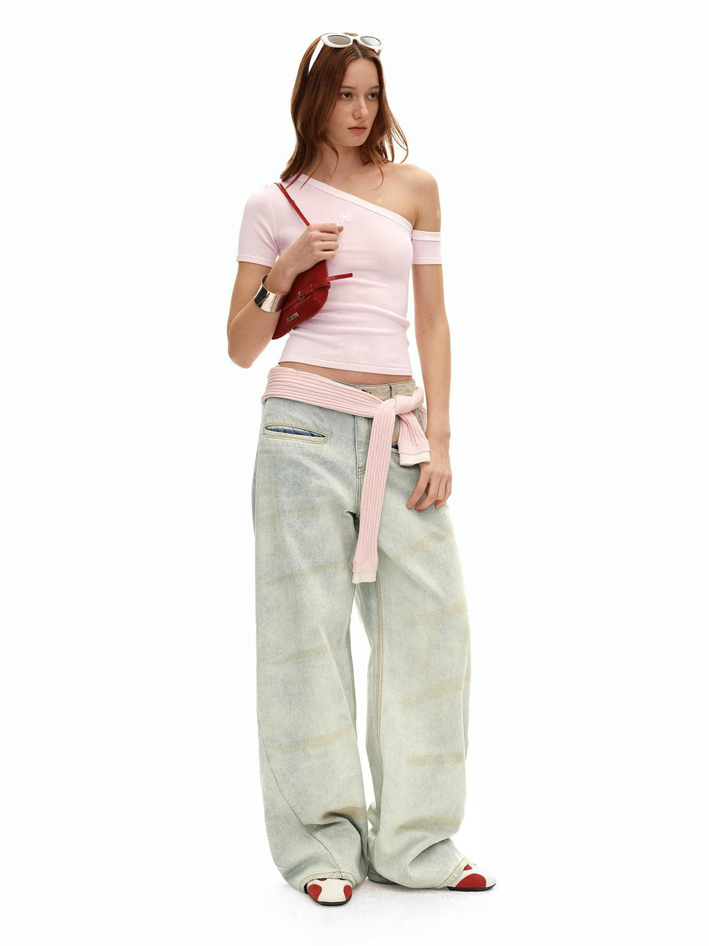 NAWSNOTAWEAR Soft Breathable Minimal Slim Contrast Slant Neck Logo Off Shoulder Crop Tops