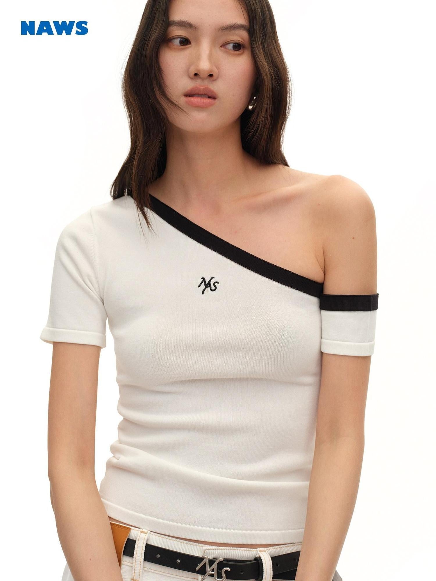 NAWSNOTAWEAR Soft Breathable Minimal Slim Contrast Slant Neck Logo Off Shoulder Crop Tops