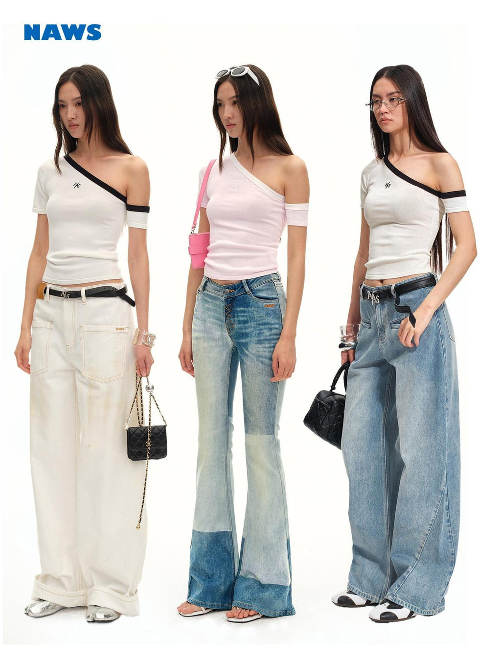 NAWSNOTAWEAR Soft Breathable Minimal Slim Contrast Slant Neck Logo Off Shoulder Crop Tops