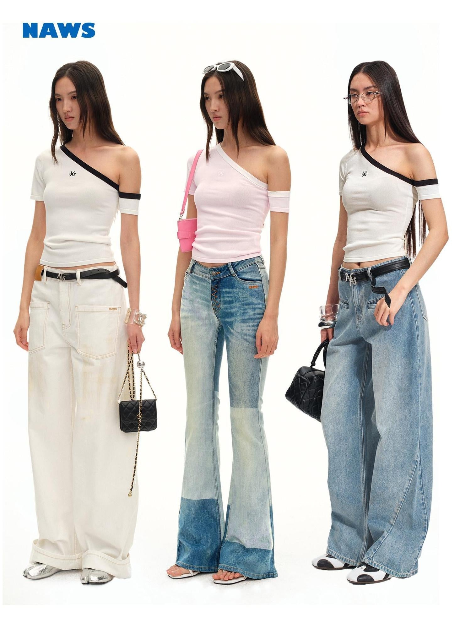 NAWSNOTAWEAR Soft Breathable Minimal Slim Contrast Slant Neck Logo Off Shoulder Crop Tops